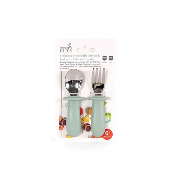 MOMMY'S BLISS Steel Baby Spoon and Fork Set with Silicone Handle | 6+ Months | BPA-Free, FDA Certified | Green