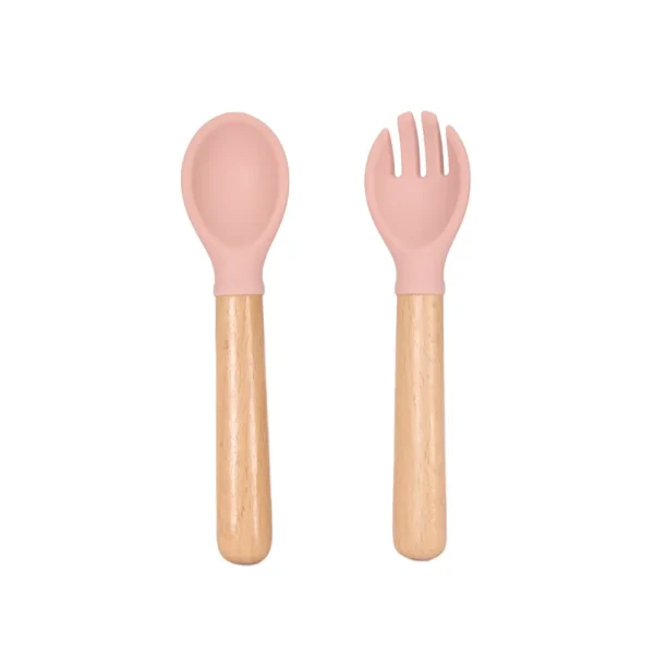 MOMMY'S BLISS Wooden Baby Spoon and Fork Set with Silicone Handle | 6+ Months | BPA-Free, FDA Certified | Pink - Image 2