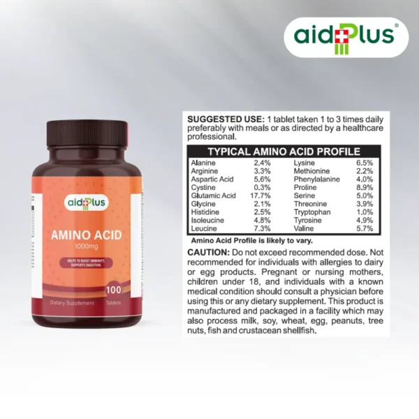 AID PLUS Amino Acid 1000mg 100’s – Immunity Boost, Digestion Support & Muscle Recovery Supplement - Image 3