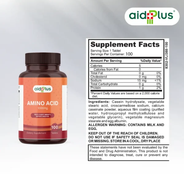 AID PLUS Amino Acid 1000mg 100’s – Immunity Boost, Digestion Support & Muscle Recovery Supplement - Image 2