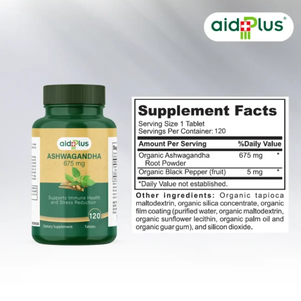 AID PLUS Organic Ashwagandha 120’s – 675mg Stress Relief, Energy & Immune Support - Image 2