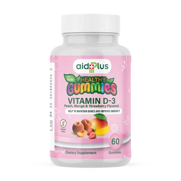 AID PLUS Kids Vitamin D3 Gummies – 1000 IU – Peach, Mango & Strawberry Flavour – 60 Gummies
