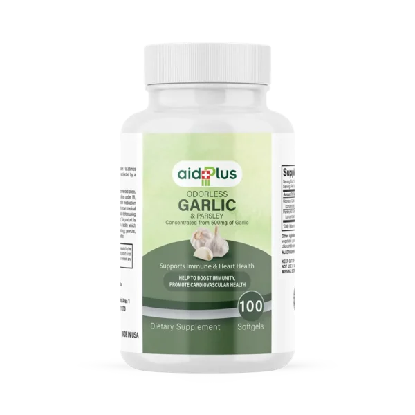 AID PLUS Garlic & Parsley 500mg – 100 Softgels | Odorless Heart & Immune Support Supplement